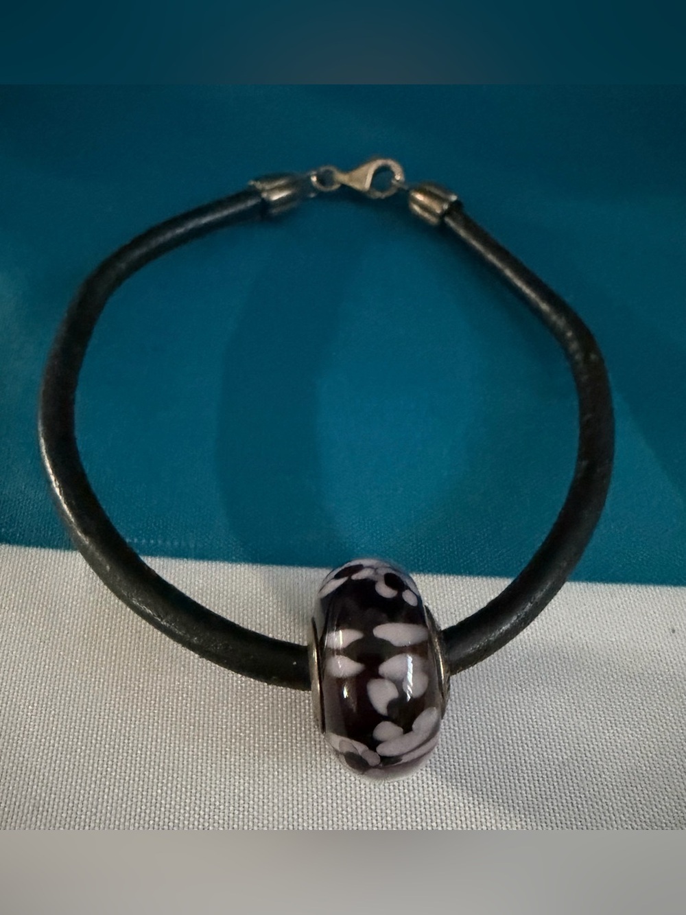 Pandora Black Leather Bracelet with Black & White Floral Glass Bead